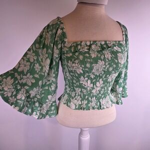 Billabong Green Floral Smocked Cropped Peplum Top S Square Neck Puff Sleeve NWT